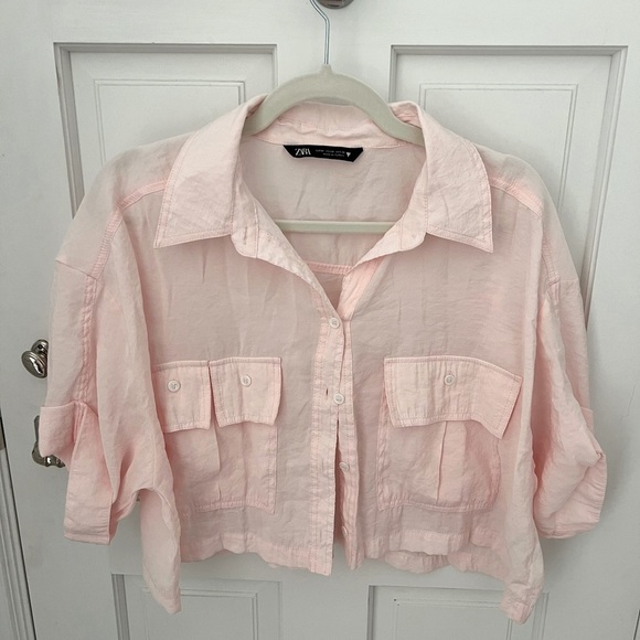 Zara Tops - Zara Women’s Cropped Pink Button up Linen blouse